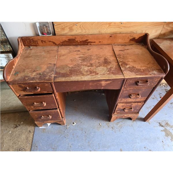 Wood desk with contents- 45" by 18" by 32"H