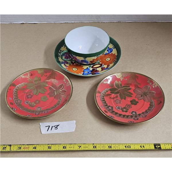 Hand Painted Meito Tea Set, (2) Vintage M.E.W. Red & Gold 24K.T.G.P Saucers