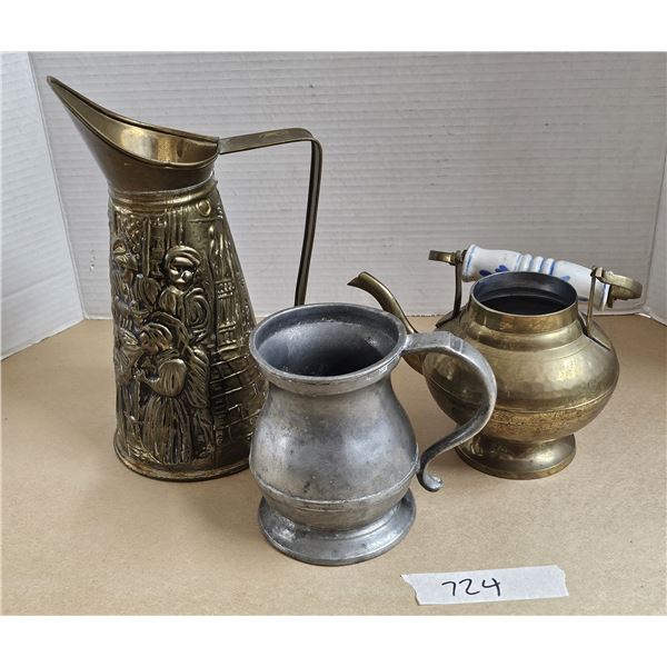 Vintage Hammered Brass Teapot, Brass Ale Pitcher, Pewter Mug