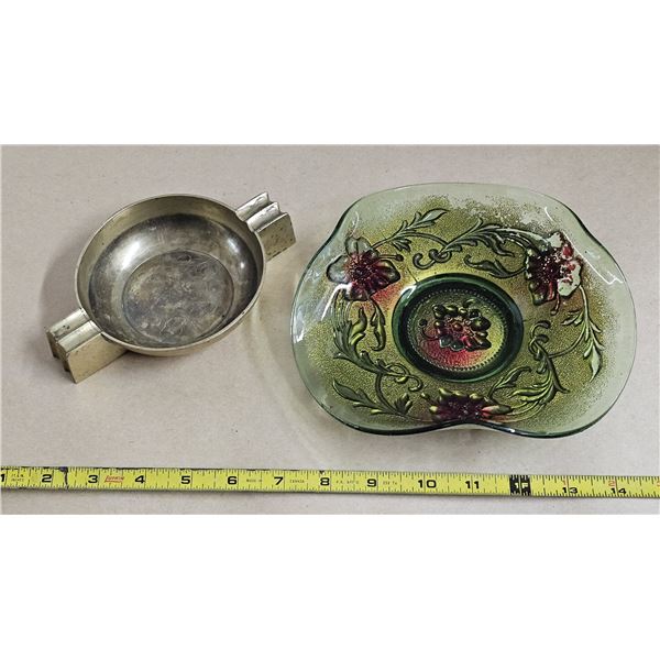 Antique/Vintage Goofus Glass Bowl, Solid Brass Ashtray