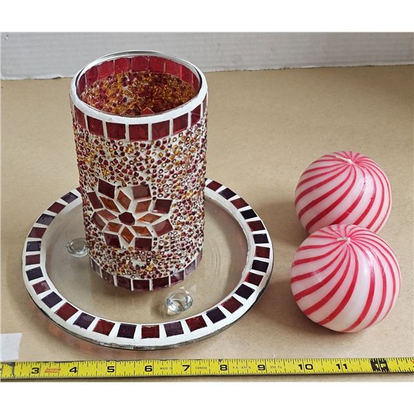 Mosaic Candle Holder and Dish, (2) Round Candles