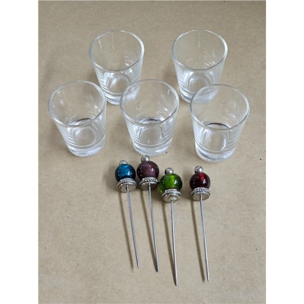 Set of (4) Vintage Hors D’oeuvres/Cocktail Pick, Set of (5) Shot Glasses
