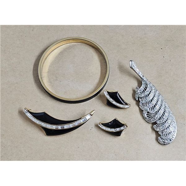 Black Enamel & Rhinestone Set, Rhinestone Feather Brooch