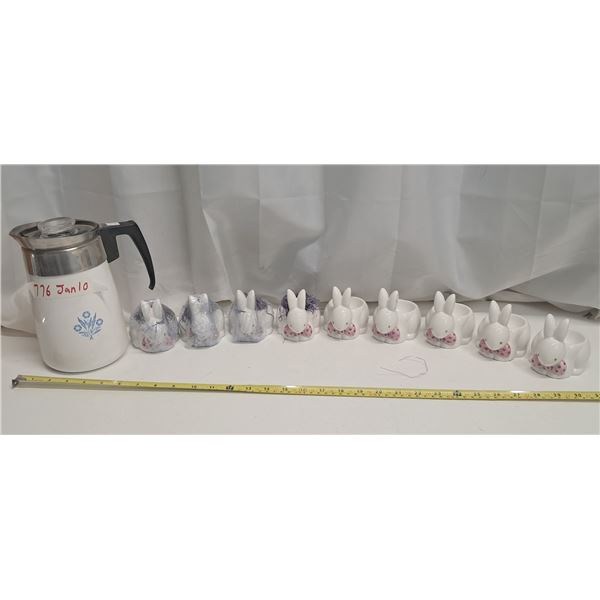 9 glass easter bunnies + 1 coffee pot