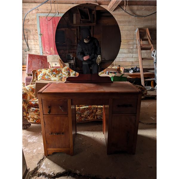 Wood Stand w/ Round Mirror and Drawers (27"x16"x59")
