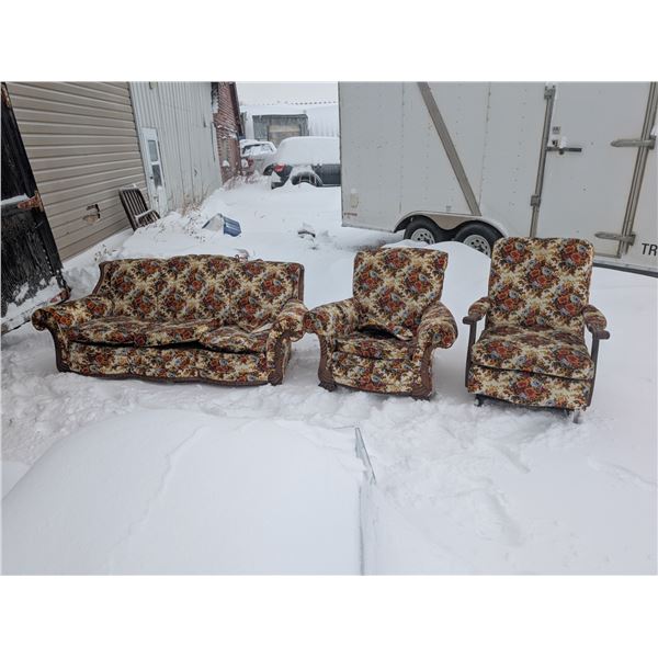Vintage Floral Designed Chesterfield (67"x31"x40") w/ Arm Chair(36"x33"), and Rocking Chair (29"x40"