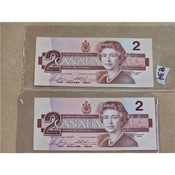 (2) 1986 Canadian Two Dollar Bills