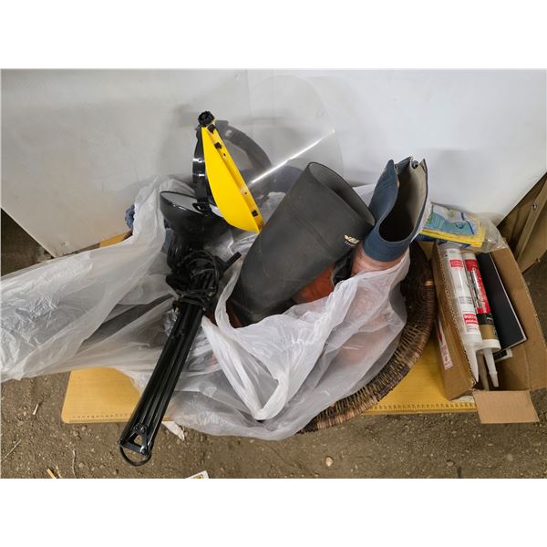 Lot of misc items- boots, lamp