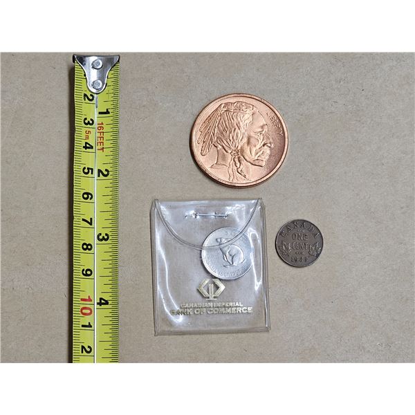 1oz US Indian Buffalo Copper Round, 1967 Canada Rabbit Nickel, 1933 Canada King George Penny