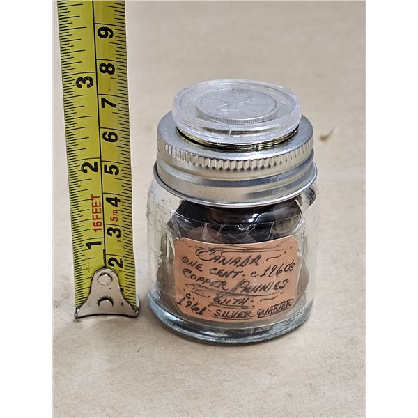 Jar of Canadian 1960's Copper Pennies (Not Confirmed), 1961 Silver Canadian Quarter