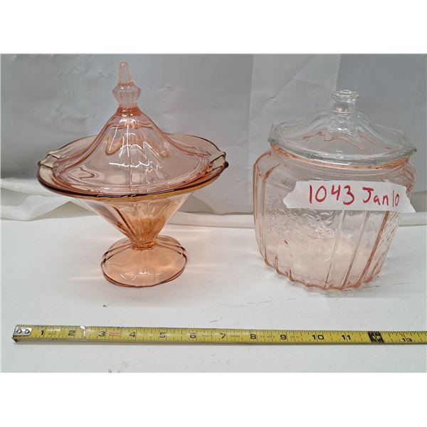 bisque dish pink glass + candy dish ( mis-matched lids)