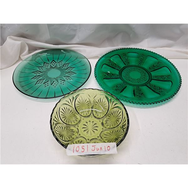 3 green glass dishes