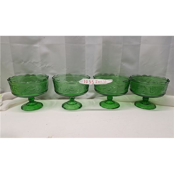 4 green glass dishes