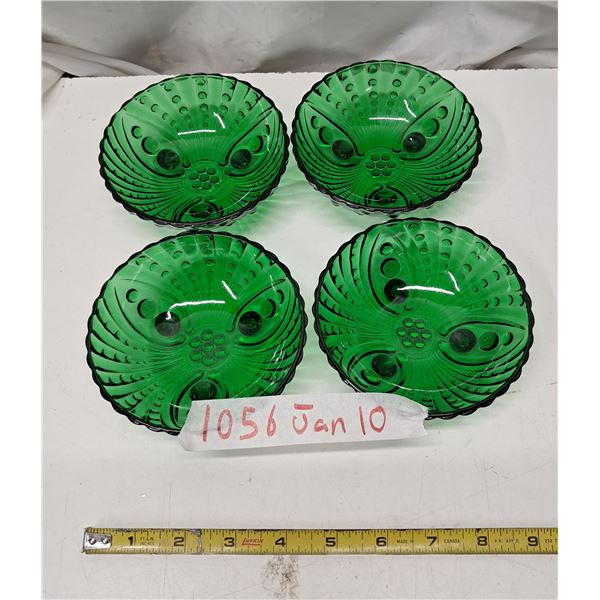 4 green glass bowls