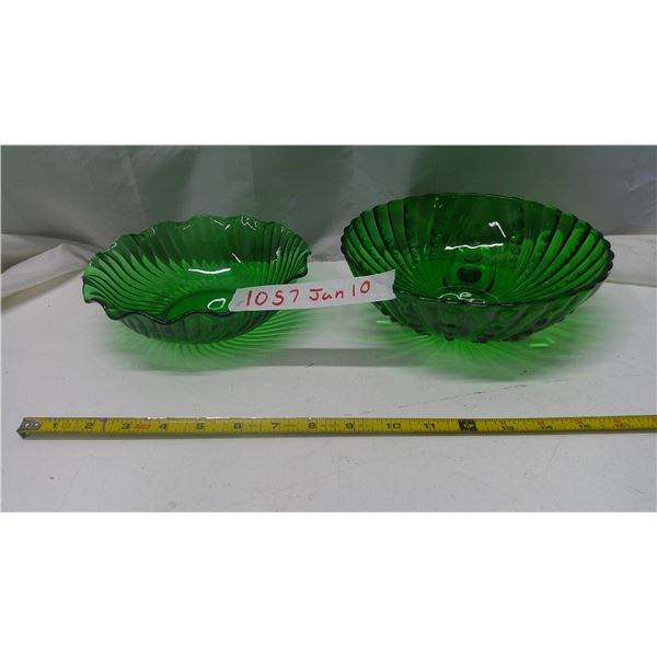 2 green glass bowls