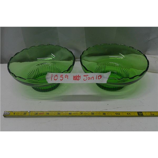 2 green glass bowls