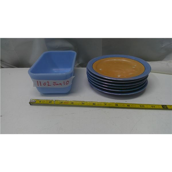 Pyrex bread dish + 6 Meito China plates