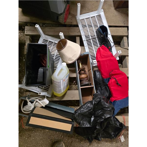 Lot of misc items, boots, shoe racks, paper shreder