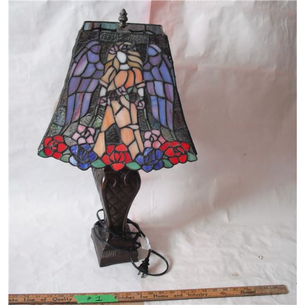 tiffany style lamp (working) 22" tall angel design shade (good condition)