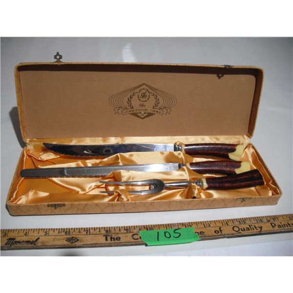 GH hill GM 3 pc bone handle carving set in original case