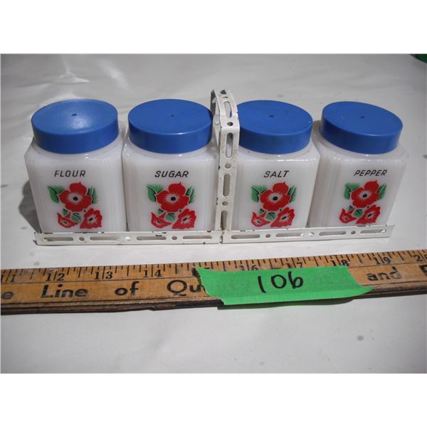 vintage milk glass shakers w/ holder