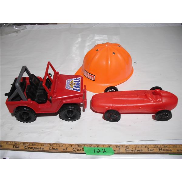 bruder plastic jeep, plastic car +tonka kids toy work hat