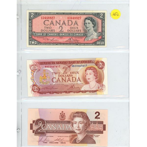 (3) Canada Two-Dollar Bank Notes - 1954, 1974, 1986