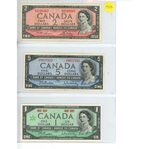 (3) Canadian Bank Notes - 1954 Two-Dollar Bill, 1954 Five-Dollar Bill, 1967 One-Dollar Bill