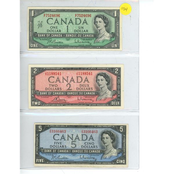 (3) 1954 Canadian Bank Notes – One, Two, and Five Dollars