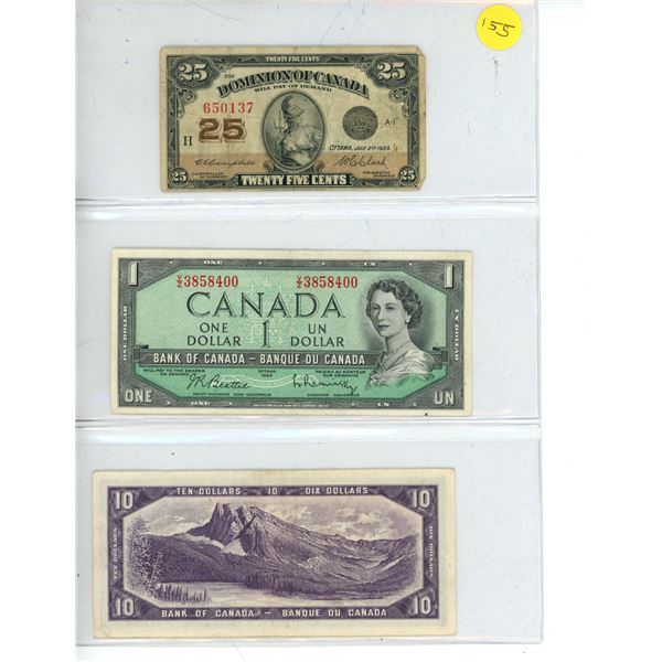 1923 Canadian 25-cent Shinplaster, 1954 One-Dollar Bill, 1954 Ten-Dollar Bill
