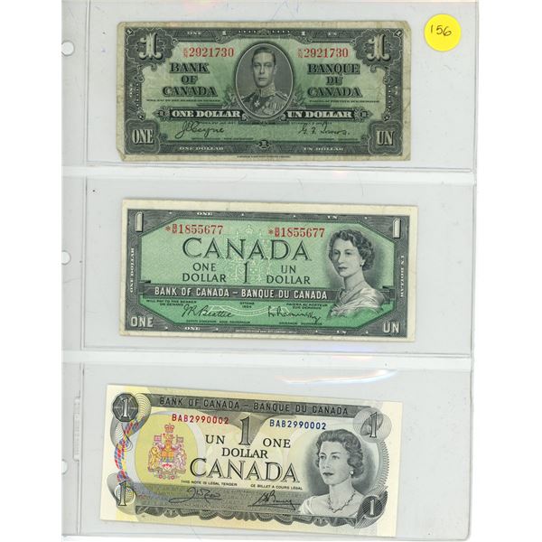 (3) Canada One Dollar Bank Notes – 1937, 1954, 1973