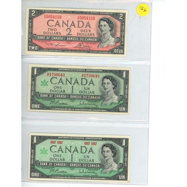 (3) Canadian Bank Notes.  Includes 1954 Two-Dollar Bill, (2) 1967 One-Dollar Bills