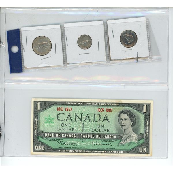 1967 Canadian Centennial Coins (Quarter, Dime, Nickel) and 1967 Canada One-Dollar Bank Note.