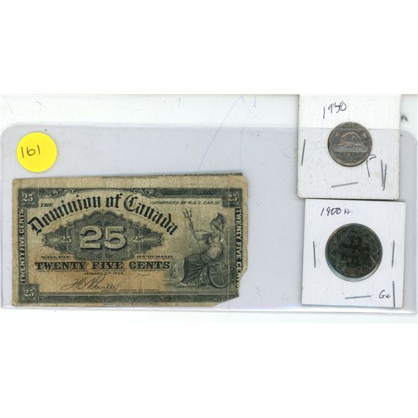1900 Dominion of Canada 25 cent Shin Plaster, 1950 Canada Nickel, 1900 Canada Large One Cent Coin