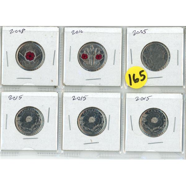 (8) Canada “Remembrance Day” 25 cent Coins (2004-2015) Coloured and Plain