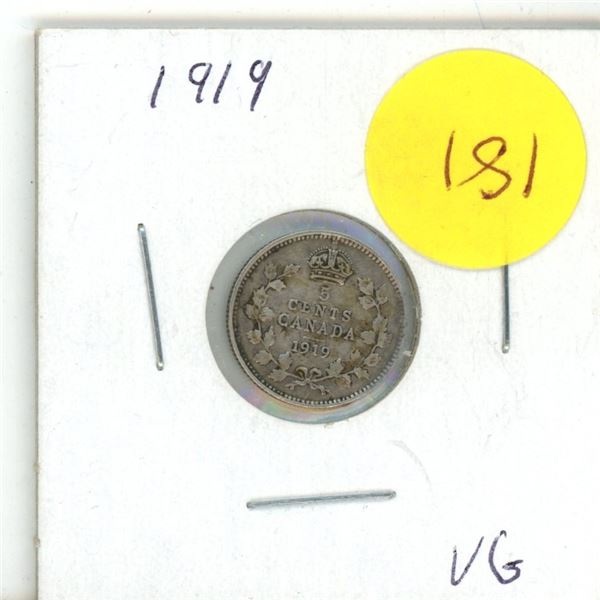 1919 Canada Silver 5 cent Coin