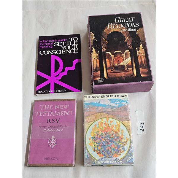 Books: Great Religions of the World, Bible Times, Layman’s Guide to Moral Theology, Bible, 