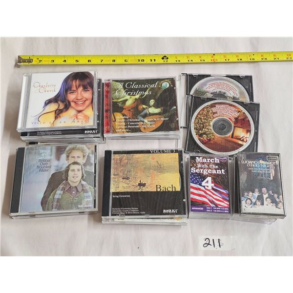 CDs; classical, Rock n Roll, Simon and Gurfunkel, tenors + 5 tapes: Christmas carols, Luciano Christ