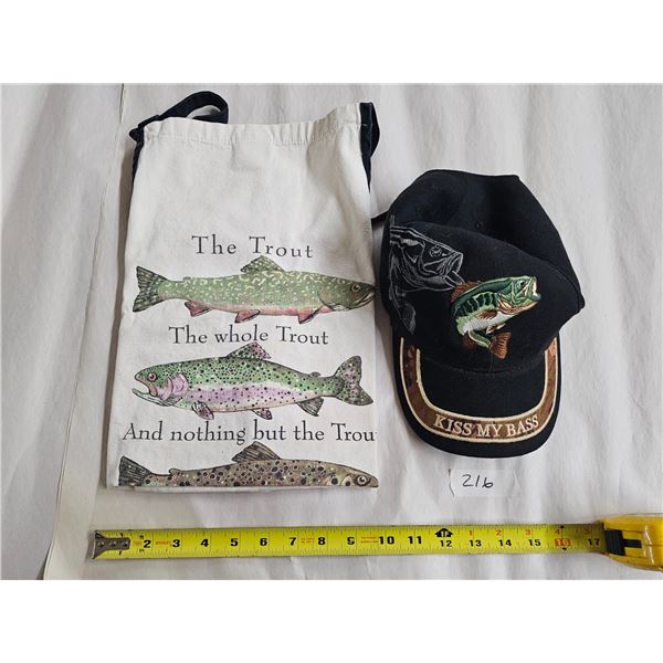 Gag fishing apron and “Kiss My Bass” cap.