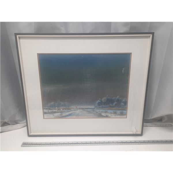 Night scene print by Cecil E. James. Information on artist attached to back of picture.