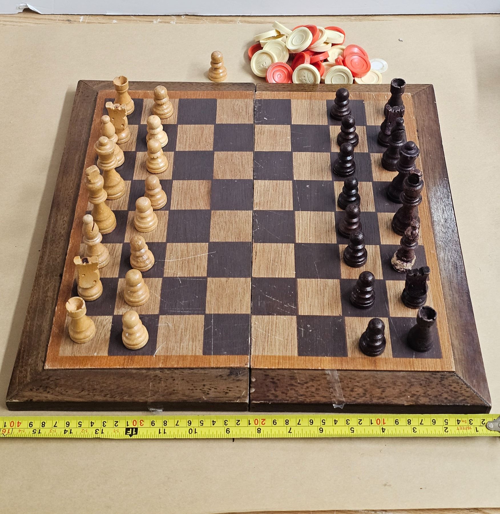 Checker Part Wooden Folding Chess/Checker Board (One Red Checker and part of ...
