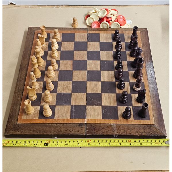 Wooden Folding Chess/Checker Board (One Red Checker and part of Magnetic Closure missing,)
