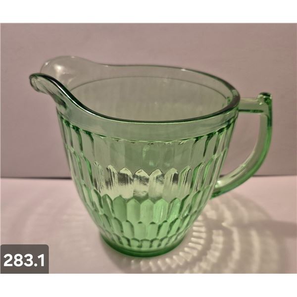 Green depression glass water/milk pitcher - 5 1/2 inches tall, no damage