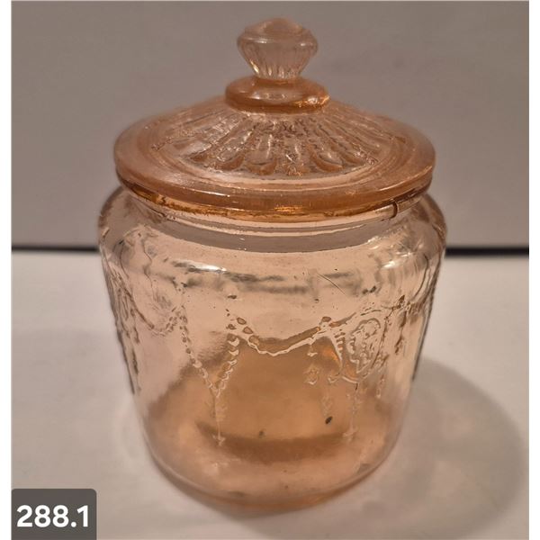 Miniature Pink Glass covered Biscuit Jar w/lid, no damage