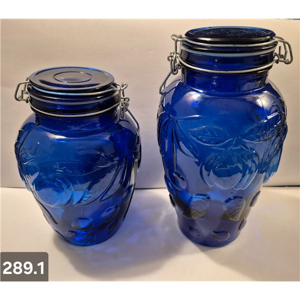 Set of 2 large Cobalt Blue kitchen canisters - embossed fruit, 9" and 11", no damage