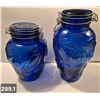 Image 1 : Set of 2 large Cobalt Blue kitchen canisters - embossed fruit, 9" and 11", no damage