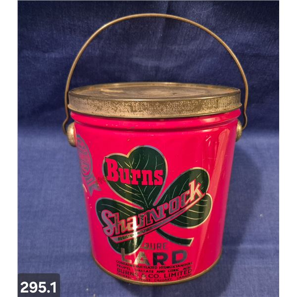 Antique Burns & Co. Shamrock lard tin - bail handle, 6" tall, Calgary, AB, original lid