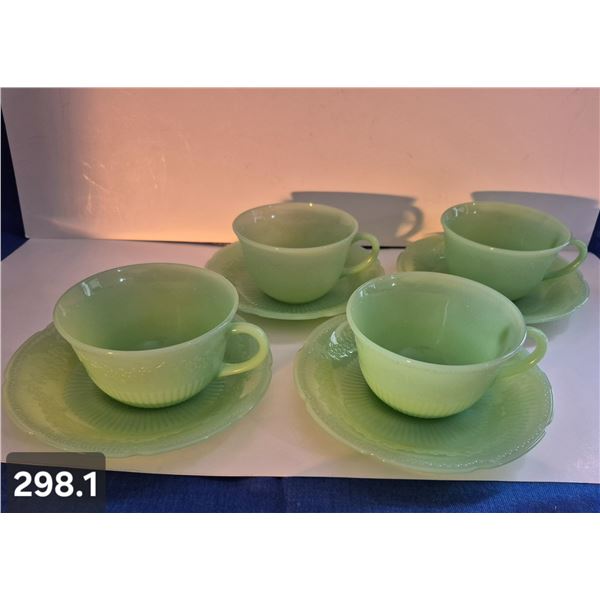 Set of 4 Jadite Cups & Saucers - "Alice" pattern, no damage
