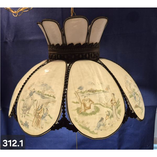 MCM Hanging 1940s/50s Curved Panel swag lamp, hand-painted Oriental scenes, re-wired