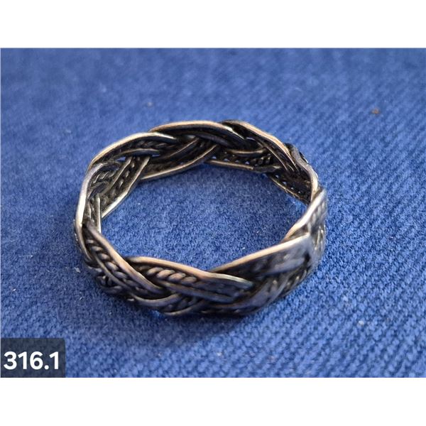 Woman's Sterling Silver size 8-8 1/2 braided vine design ring, marked "925"